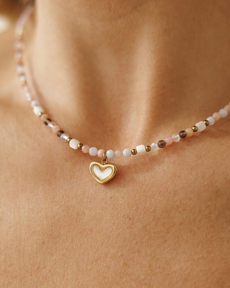 Naszyjnik typu choker Gentle Heart - Opal peruwiański, Chalcedon, Kwarc dymny, Kamień księzycowy, Hematyt, Masa perłowa
