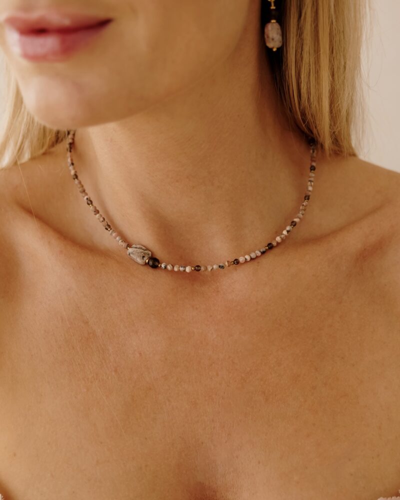 Naszyjnik typu choker Rose Tea - Rodochrozyt, Kwarc dymny, Hematyt
